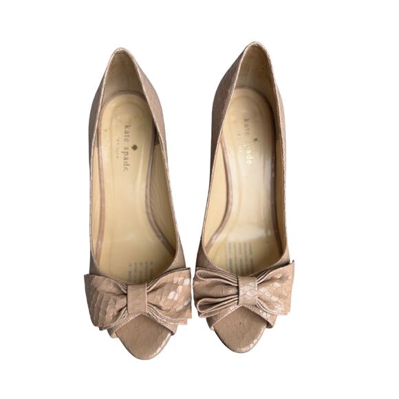Kate Spade Peep Toe with Bow Heels Nude Snakeskin Print 8B 8 Tan Cream - Picture 1 of 5